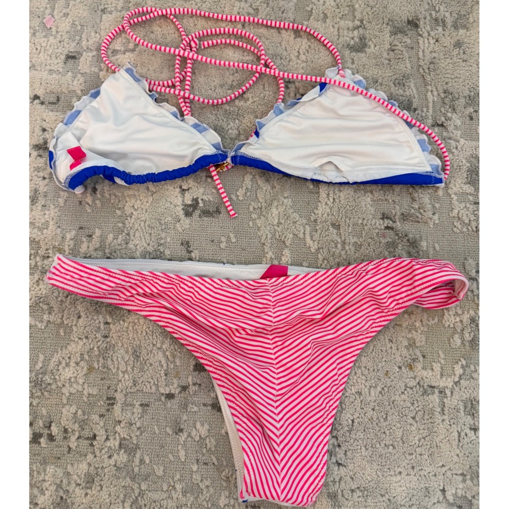 Victoria's Secret Bikini Set Blue White Striped Star Print Pink Ruffle large - Picture 3 of 3